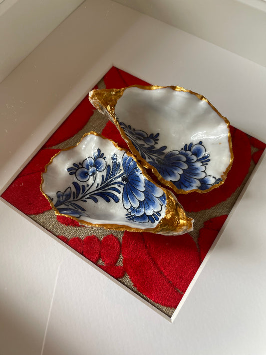 Delfts Blauw Oesters Kunstwerk – Goud & Rood